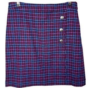 Talbots Petite blue and pink plaid wool faux wrap pencil skirt Side zip Size 4P